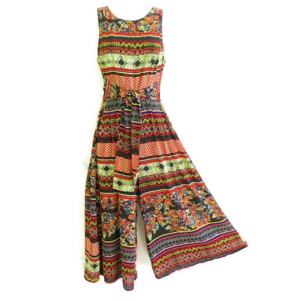 Jumpsuit Vintage Palazzo Wide Leg Tie Belt Psychedelic Mixed Prints Metal Zip M